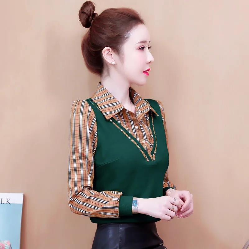 

Cotton Spring Autumn New Long Sleeve T-shirt Women s Korean Fake Two Piece Top Mom s Turn Down Collar Pullover Bottoming Shirt M зелёный