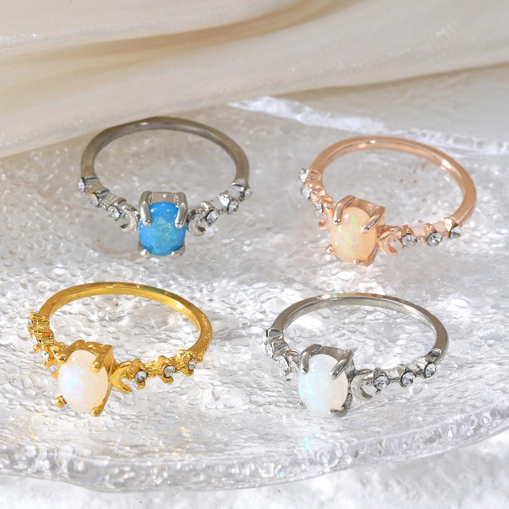 Hot-selling oval imitation Opal moon ring retro light luxury four-claw celebrity style diamond jewelry