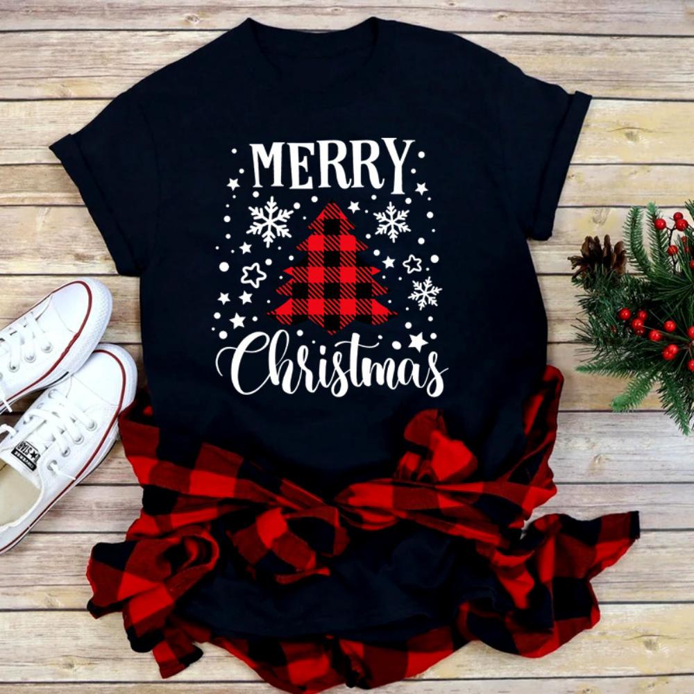 Casual Loose Fit Christmas Tshirt for Women Funny Cartoon Shiny Xmas Tree Print Top Holiday Festival Daily Streetwear Tee