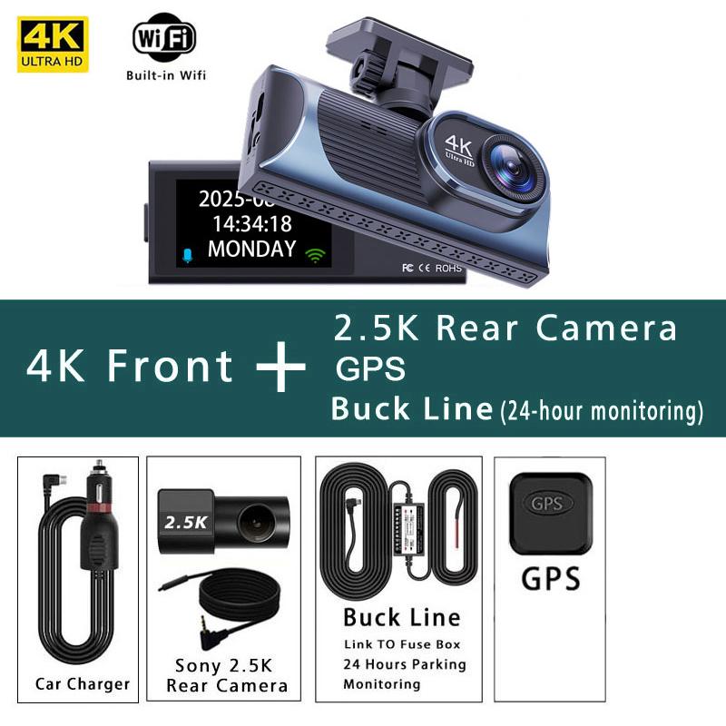 Dash Cam Dual Lens 4K+2.5K Recording Car Camera DVR Night Vision Video Recorder GPS Wi-Fi Room Black Box 2.5K Rear View Camera