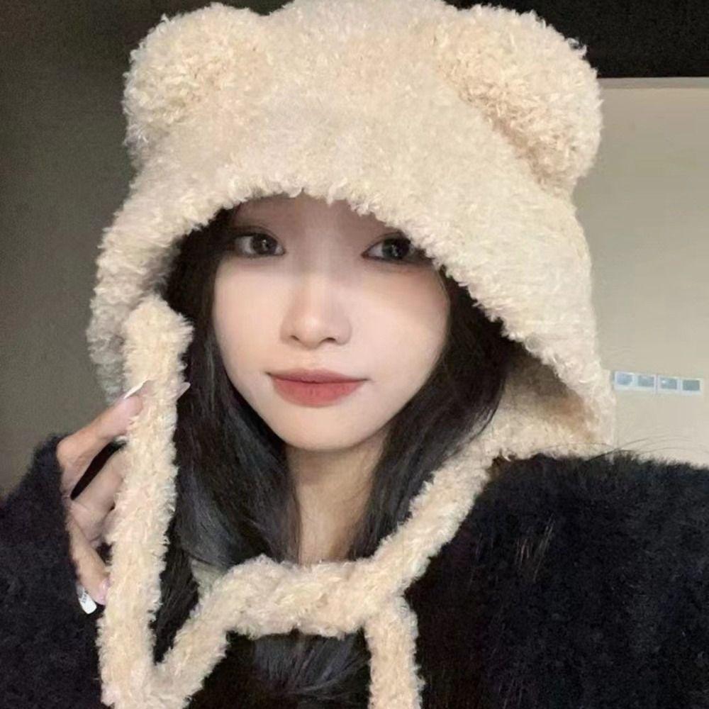 Lace-up Ear Protection Hat Warm Plush Beanie Cap Cute Bear Ears Knit Hat Cold Weather