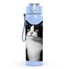 1PC Short Hair Black White Cat Print 750ml Color Plastic Sports Water Bottle Leakproof Flip Straw Lid Suitable for Sports Office Home Use