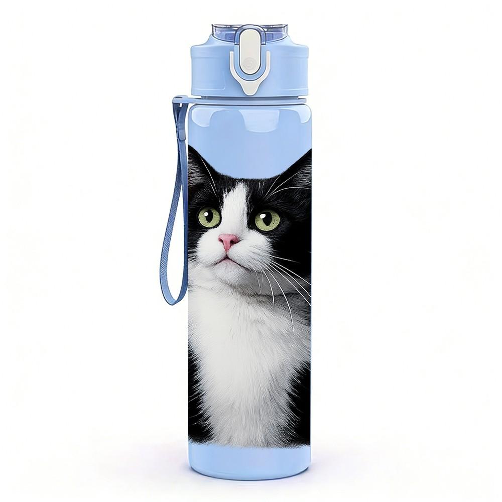 1PC Short Hair Black White Cat Print 750ml Color Plastic Sports Water Bottle Leakproof Flip Straw Lid Suitable for Sports Office Home Use