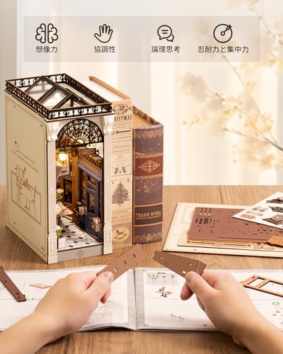 ROBOTIME Buchnische Bausatz, DIY 3D Puzzle Handwerk, Handgefertigter Miniatur-Puppenhaus-Bausatz aus Holz mit Buchständer, Montierte Bücherregal-Dekoration, LED-Schaltlicht,