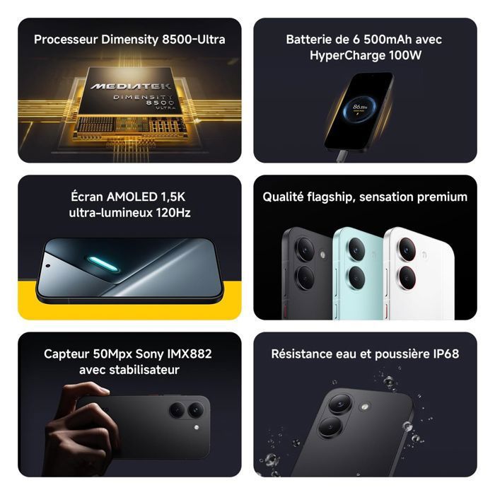 Smartphone Xiaomi POCO X8 Pro 5G 8Go Ram 256Go Noir Dimensity 8500-Ultra Capteur Sony IMX882 de 50 Mpx avec OIS 6500mAh - Very good condition