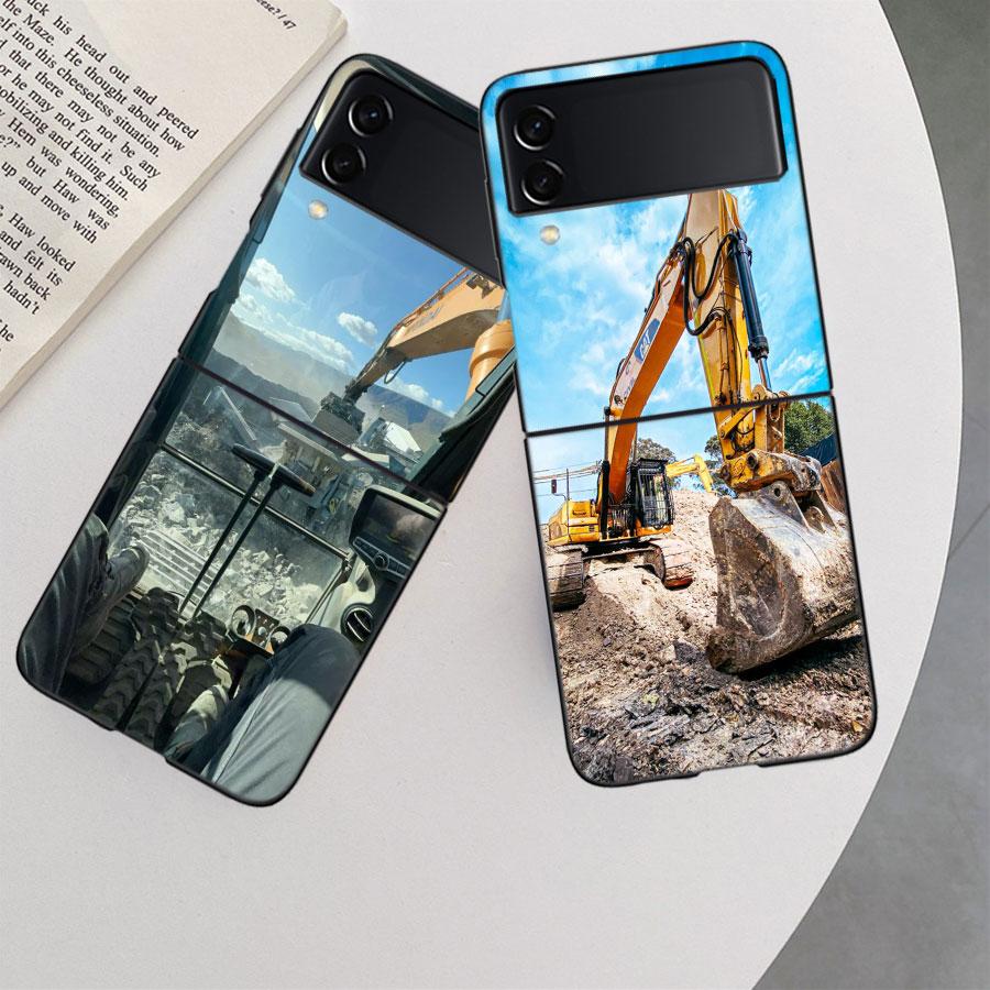 Construction Machinery Excavator Phone Case For Samsung Z Flip 7 6 5G Galaxy Z Flip 5 4 3 Black Hard Cell Cover Luxury PC Shell