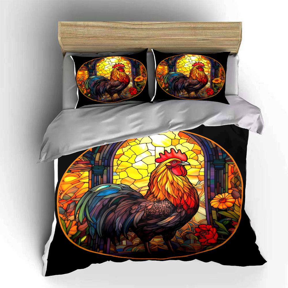 Colorful Rooster Stained Glass Decor Soft Comfortable Duvet Cover Bedding Set Included 1*Duvet Cover & 2*Pillowcases, Gift
