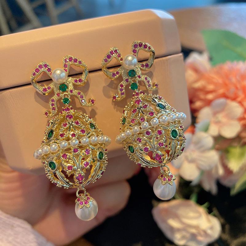 Unique Design French Bow Lantern Earrings Simulated Pearl Water Drop Personality Earrings Luxury Hollow Dangle Earrings
