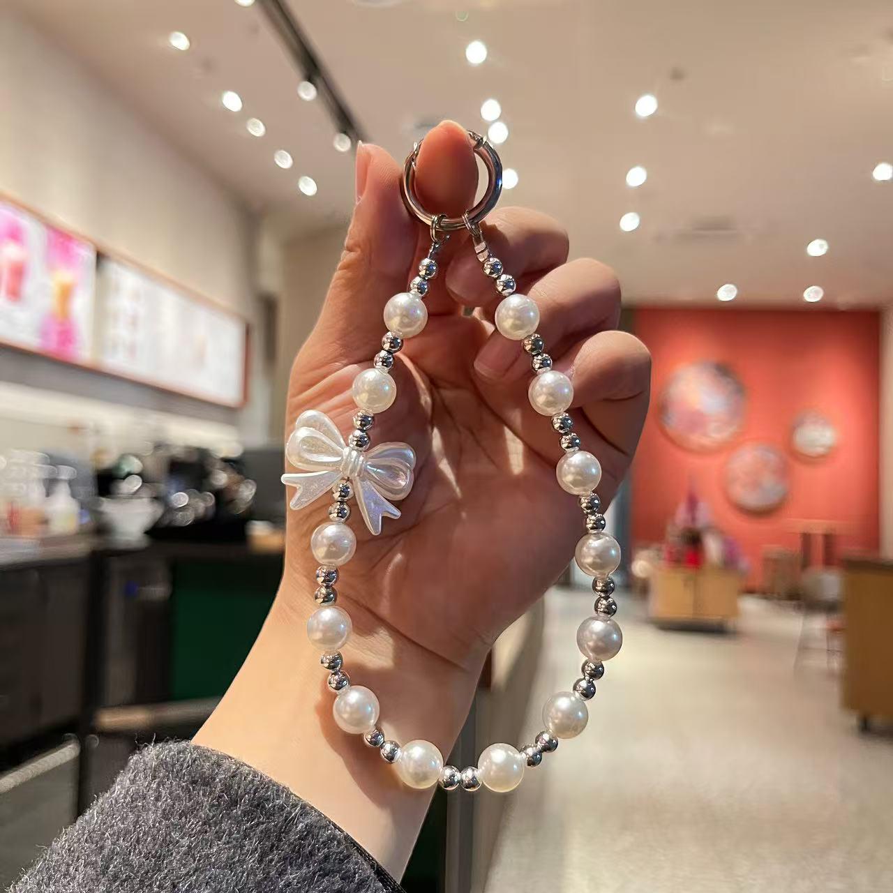 Handmade Pearl Beaded Phone Chain & Keychain with Star and Heart Charms