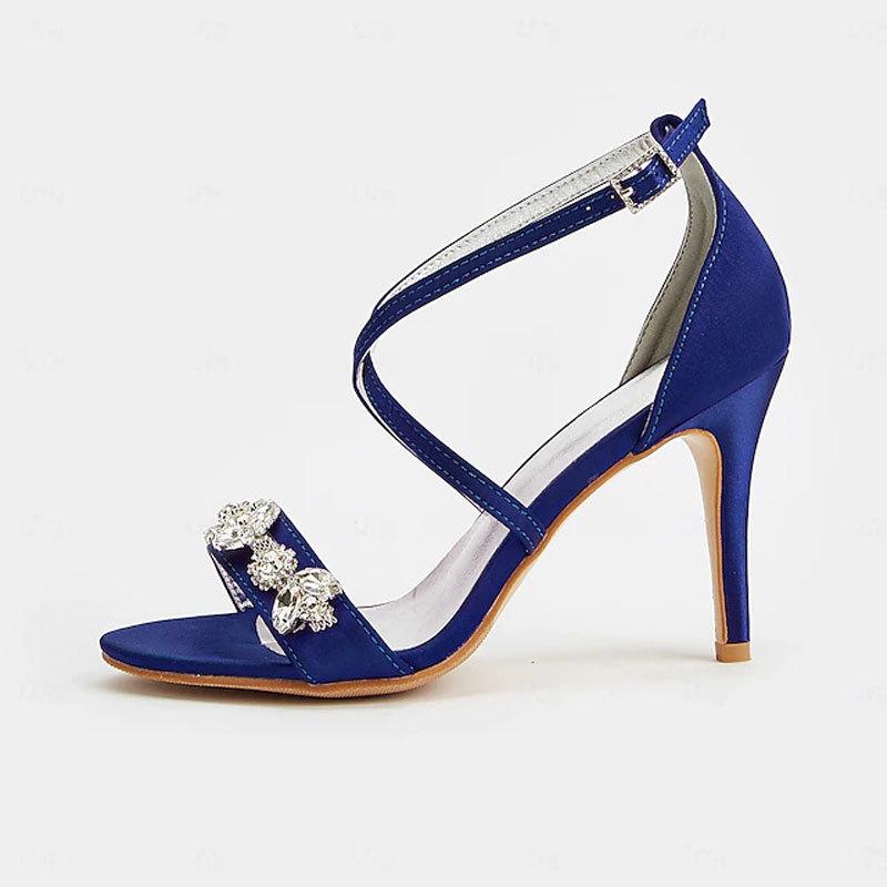 One word cross strap stiletto purple sandals women's fashion high heels blue rhinestone sexy strap satin women's shoes 43