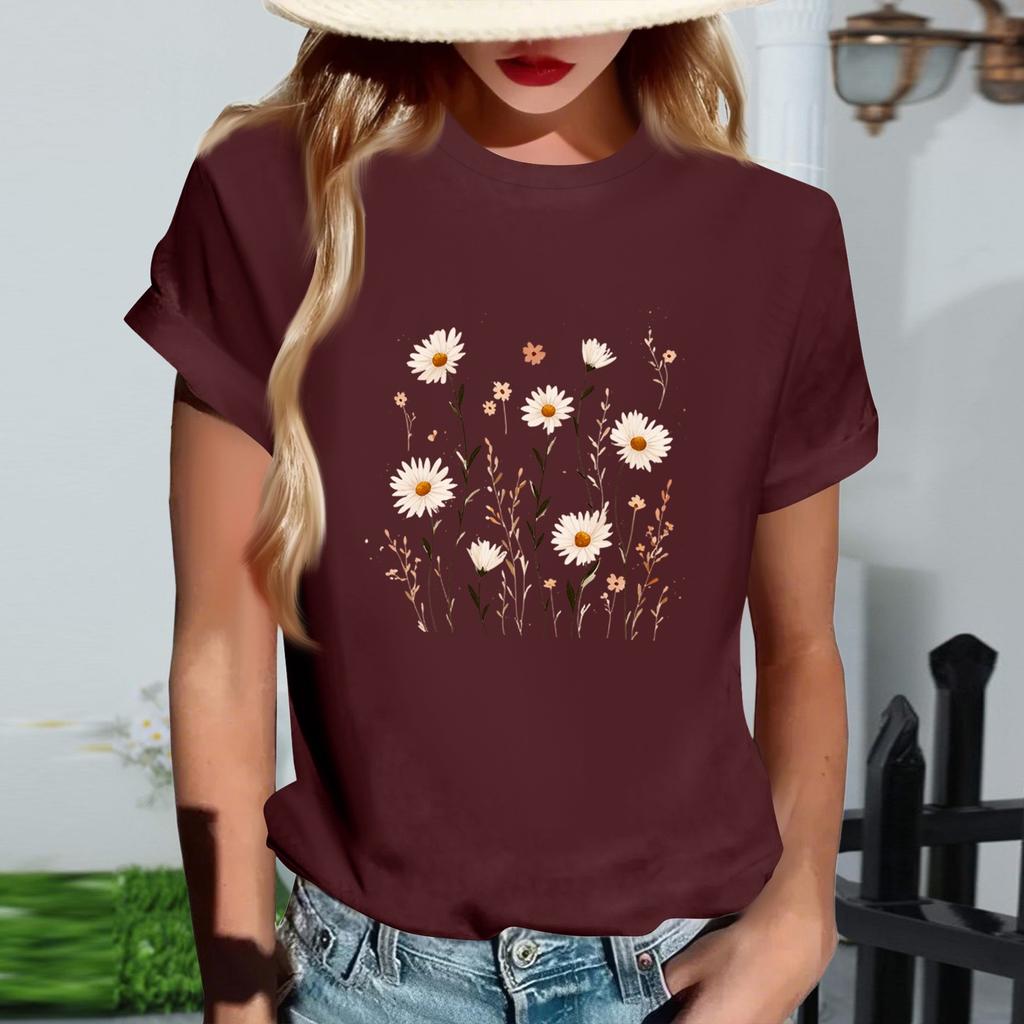 Damski modny T-shirt z krótkim rękawem z okrągłym dekoltem i casualowym nadrukiem retro