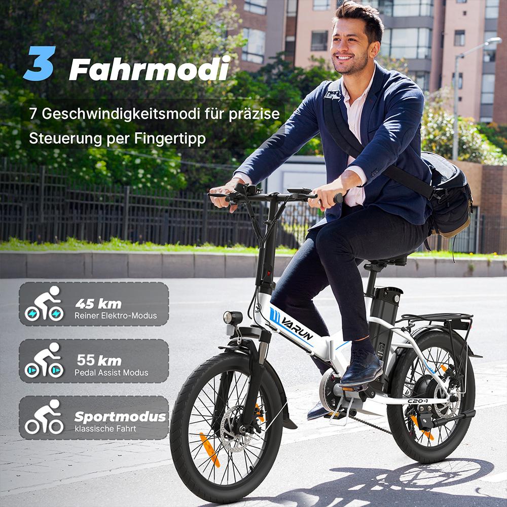 Electric Bike Foldable VARUN C20 20" 250W Motor City Ebike 48V 7.8AH Top Speed 25Km/h 7 Speed LCD Display Load 150Kg White