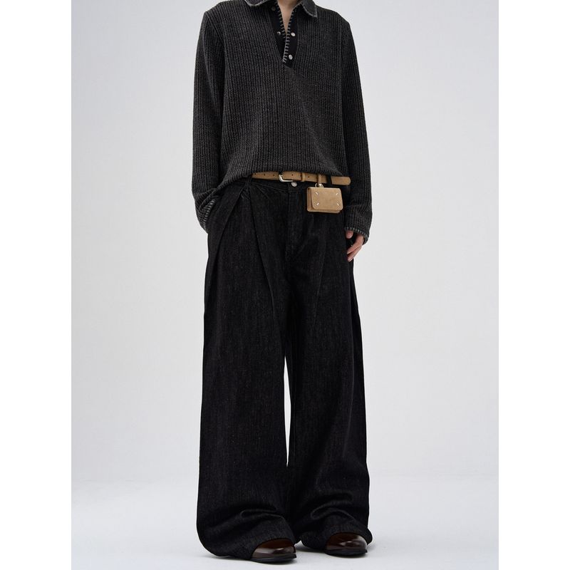 Kisko American Retro Pleated Wide-Leg Baggy Washed Denim Pants for Men and Women, High-End Loose Drape Pants Trendy