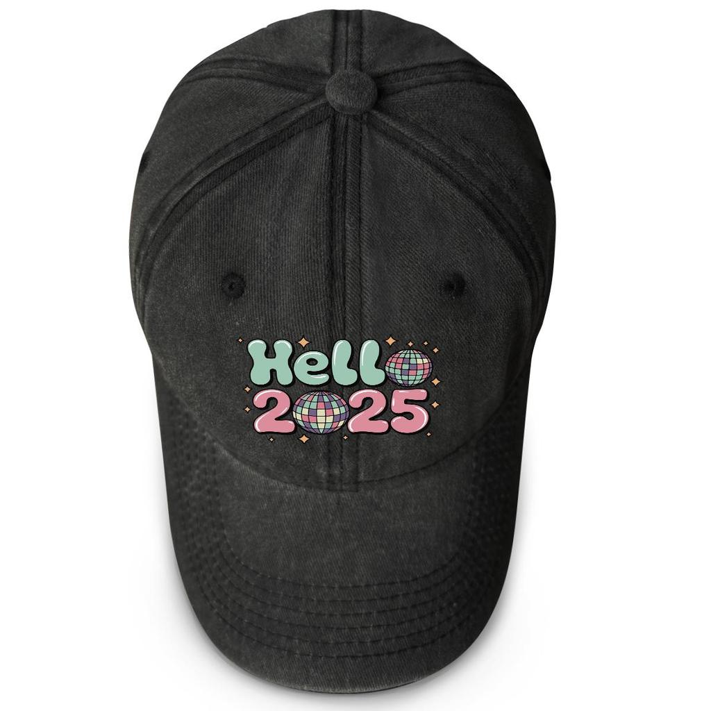 HELLO 2025" Disco Ball Print Snapback Sun Hat, Sports Hat Unisex Trendy Raw Brim Sunshade Adjustable Baseball Hat