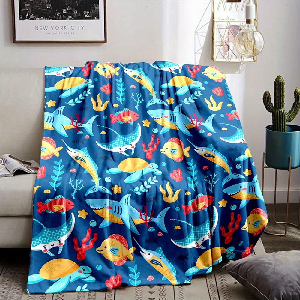 

Cozy Ocean Life Throw Blanket - Soft Flannel, Reversible Design with Sharks, Turtles & Seaweed - Perfect for Couch, Bed, Office 75x90cm