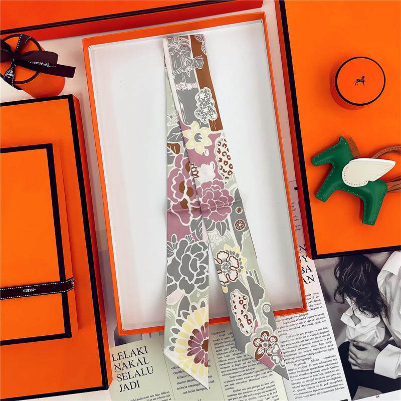 Brand Design Twill 100% Silk Scarf Luxury Print Flowers Scarf Women Foulard Skinny Bag Scarves New Hot Neckerchief Hair Headband