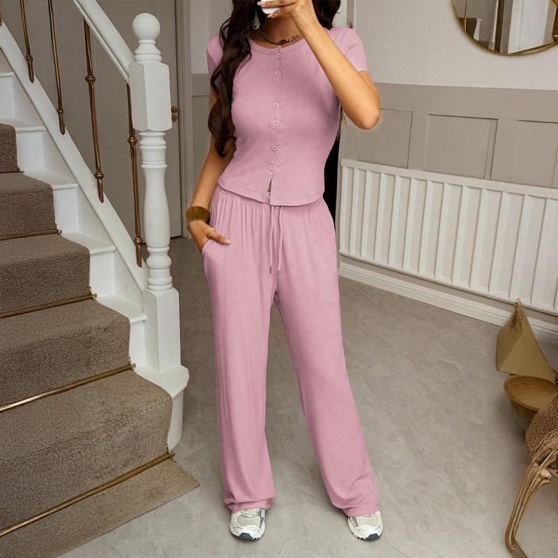 

Women s 2 Piece Outfit Button Down Crop Top Drawstring Waist Wide Leg Pants Loungewear Set S розовый