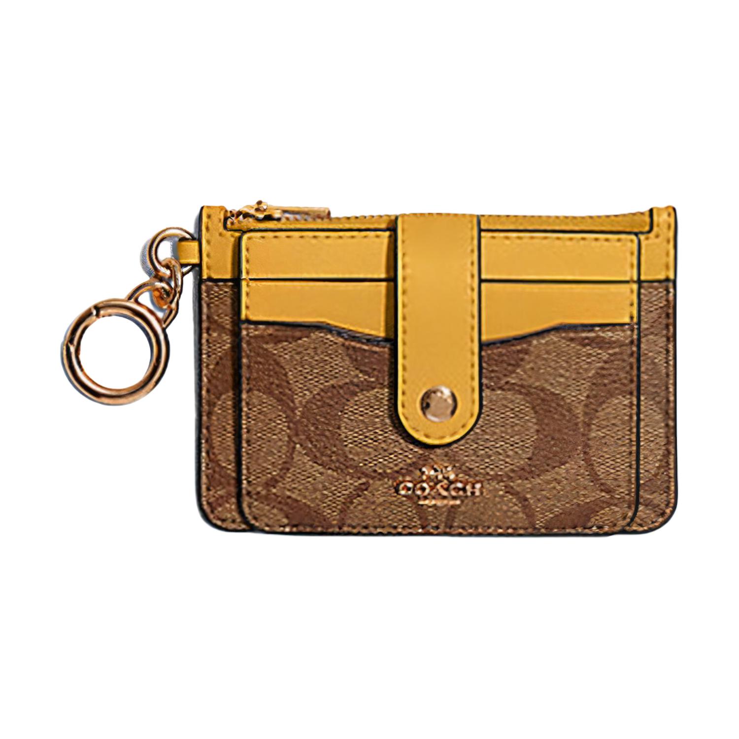 

Coach Card Case 12 Classic Monogram Zip Pocket Canvas With Leather Women Card Holder Yellow C7398-SVTIF Basic Set (Bag+Dust Bag)