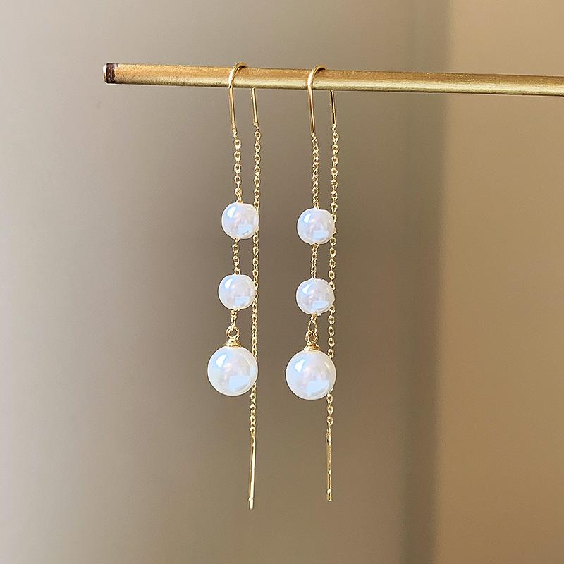 Cercei eleganti cu perle artificiale și ciucure pentru femei, cercei lungi cu zirconiu strălucitor, model floral, linie geometrică, bijuterii