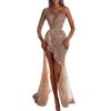 Sexy One Shoulder Sequin Dress Evening Party Dresses Women Elegant Solid High Split Backless Wedding Prom Long Maxi Dress