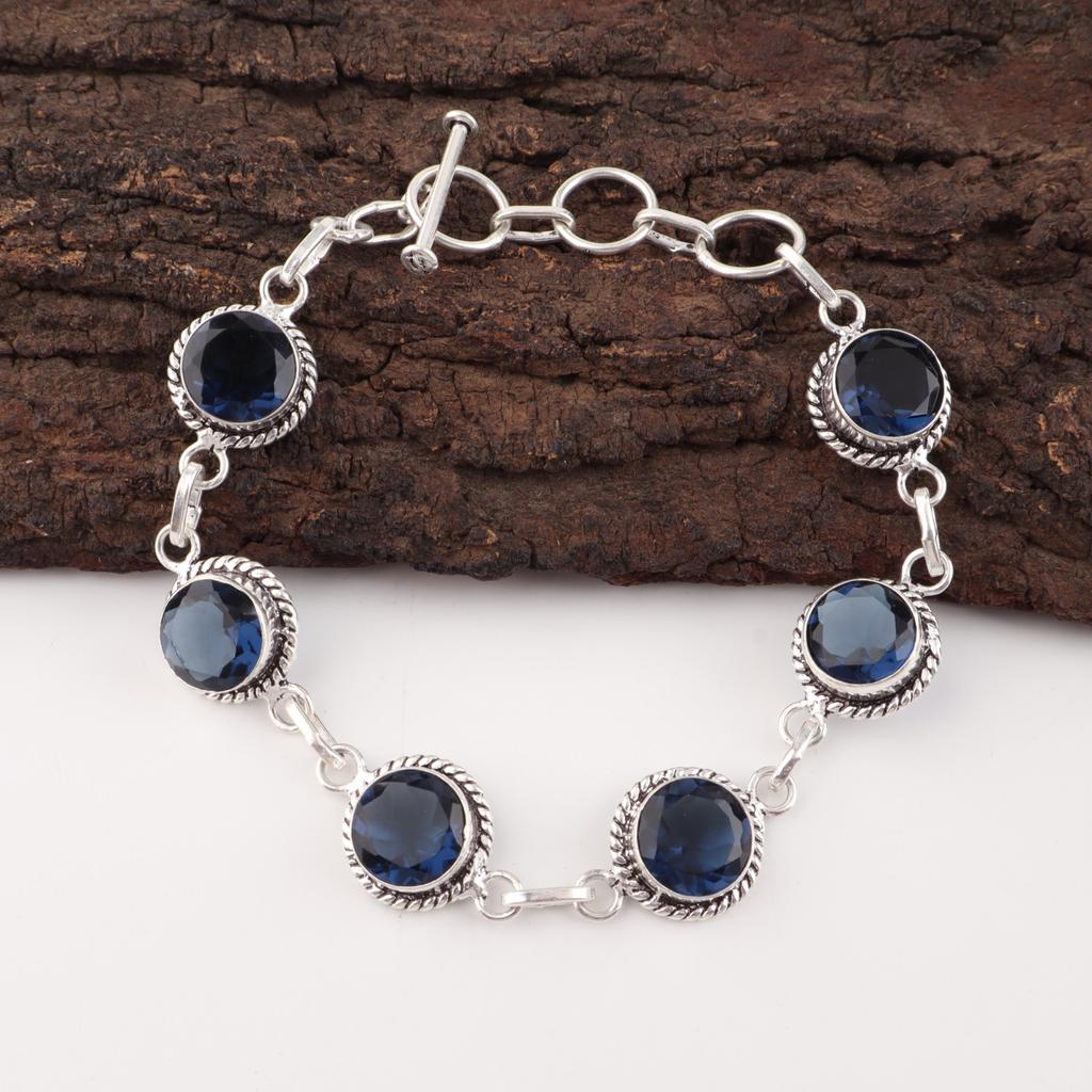 London Blue Topaz Gemstone 925 Sterling Silver Handcrafted Jewelry Bracelet 7-9" RB-16-9