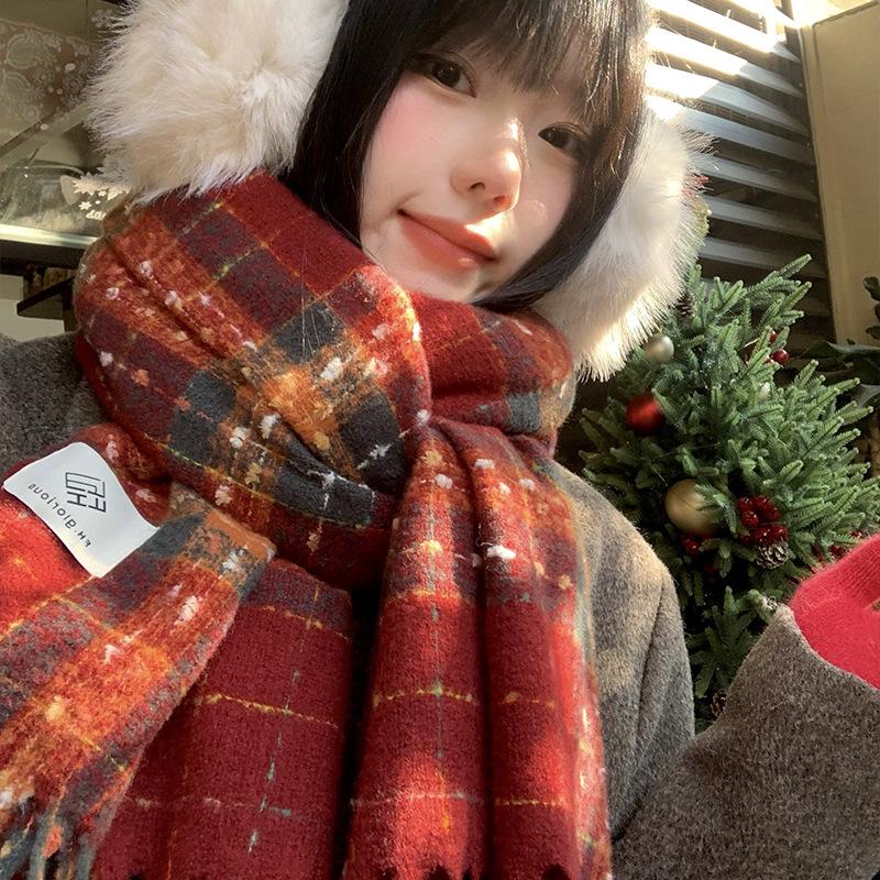 Christmas and New Year's red plaid imitation cashmere scarf women's new winter high-end warm wool scarf