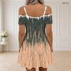 Women Plus Size Cold Shoulder V Neck Short Sleeve Chain Straps Zipper Blue Printed Dress