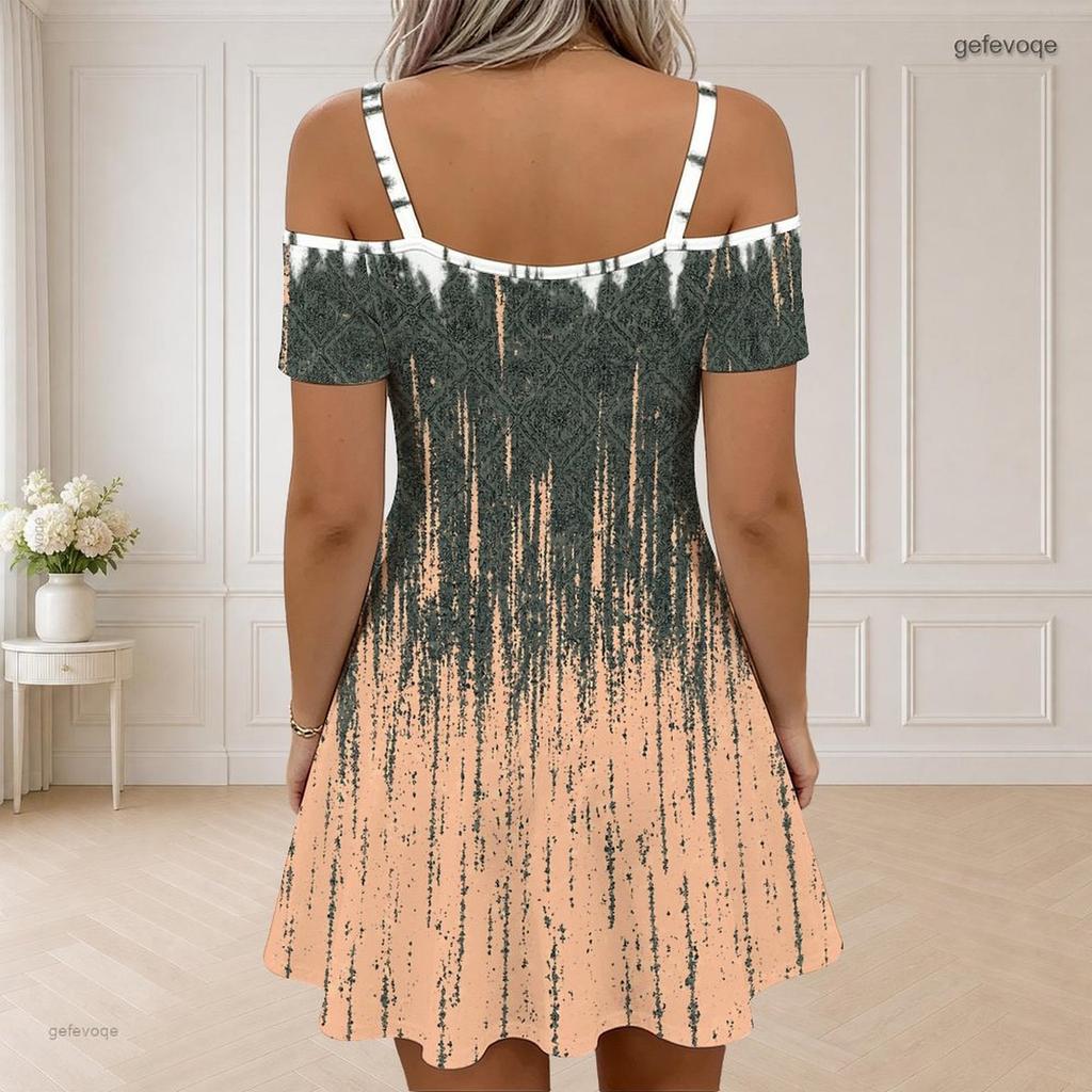Women Plus Size Cold Shoulder V Neck Short Sleeve Chain Straps Zipper Blue Printed Dress