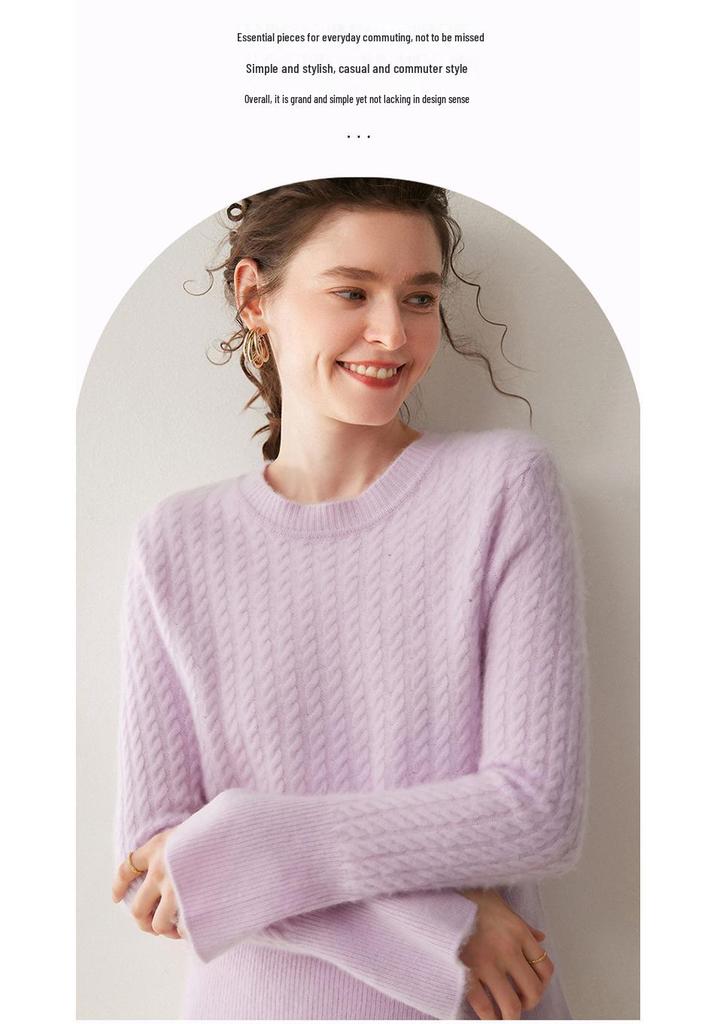 Women's Cashmere Round Neck Cable Knit Sweater - Thick, Loose Cuffs, Slit Design