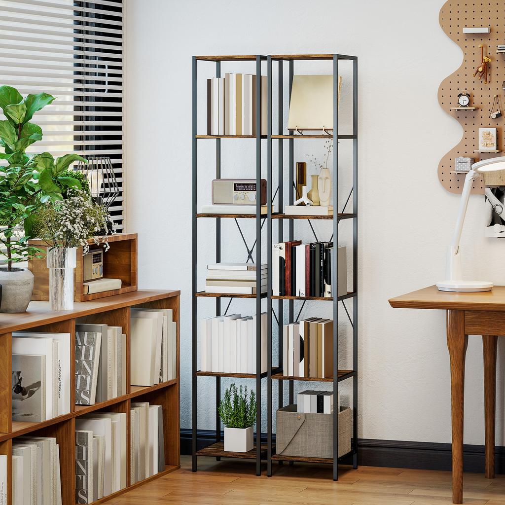 Set of 2 6-Level Bookshelves, Steel Frame, for Living Room, Office, Bedroom, Rustic Brown