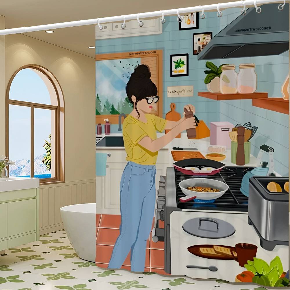 

Cute Kitchen Girl Shower Curtains 180cm Polyester Modern Style Bathroom Curtain With Hooks Waterproof Funny Shower Curtain 90x180 cm