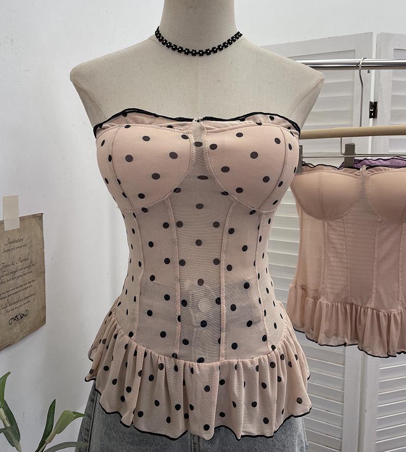 Polka Dot Mesh Bandeau Top with Padded Bustier and Open Back
