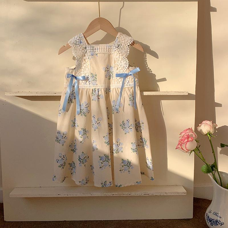 Summer Girls Lace Trim Bowknot Sleeveless Dress Sweet Princess Children Party Vest Dress For Kids 130cm