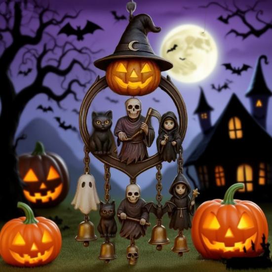 Halloween Gothic Wind Chime Spooky Bell Chime with Pumpkin Lantern Grim Reaper Ghost Black Cat for Porch Window Home Decor