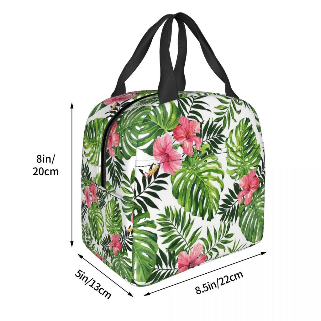 Tropical Green Leaves And Flowers Pattern Insulated Lunch Bag for Women Kids Portable Food Boxes Thermal Lunch Box Tote