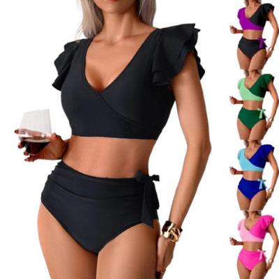 Solida Baddräkter Sommar Simning Plus Storlek Kvinnor Sexig Delad Hög Midja Bikini Djup V-ringning Bikini Baddräkt Tvådelad Set