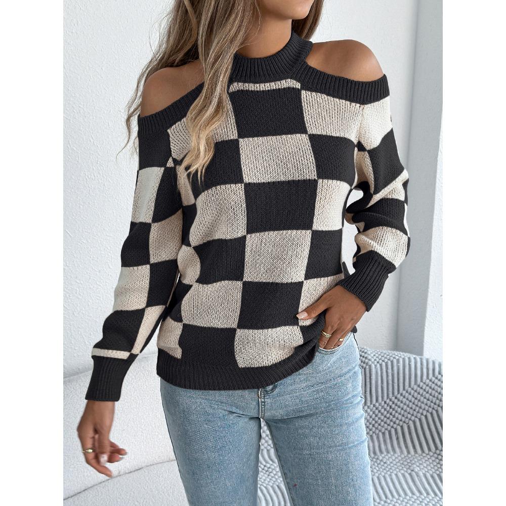 New Autumn/Winter Ladies' Sweatshirt: Casual Off-Shoulder Contrast-Colour Checked Lantern-Sleeve Long-Sleeved Knitted Jumper