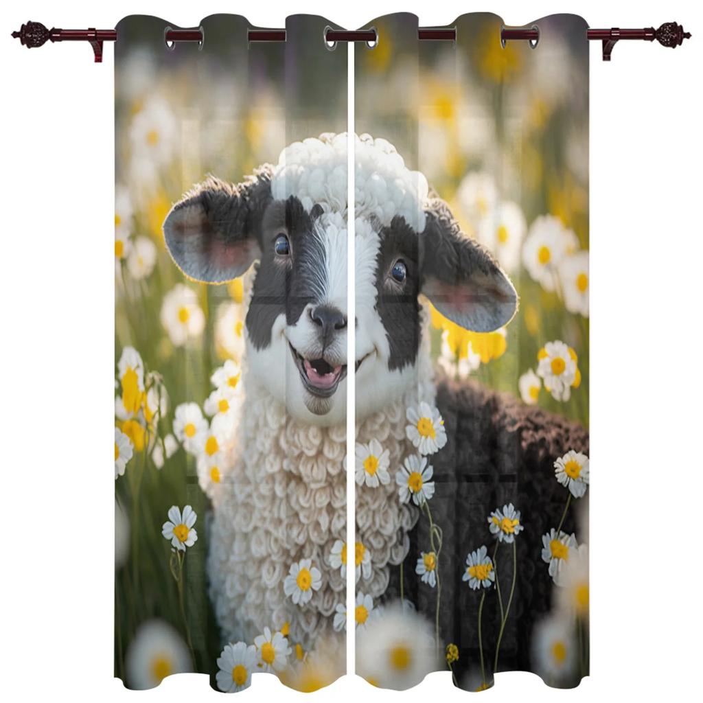 Bedroom Kitchen Curtain White Daisy Flower Waterdrops Window Black Curtains Curtains for Living Room Decorative Items Cortinas