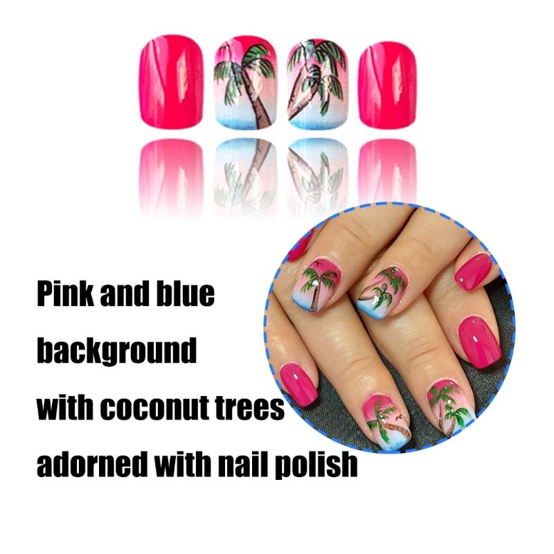 24 Pcs Summer Artificial Nail Short Square Full Cover False Nail Glossy Stick on Nail Coconut Tree Press On Nail