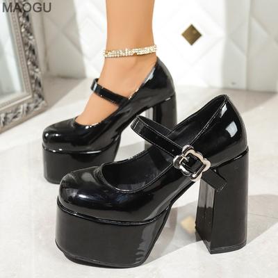 Eleganckie Buty na Platformie Jednokolorowe Damskie Buty Mary Jane na Grubym Obcasie Skóra PU Obuwie Modowe Wiosna Lato Damskie Buty