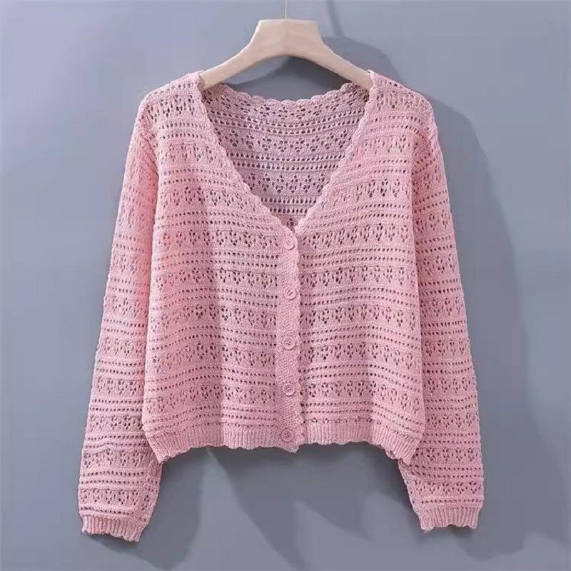 2025 women's summer hollow air-conditioning shirt, fresh candy color v-neck knitted cardigan, light and breathable long-sleeved sunscreen shirt