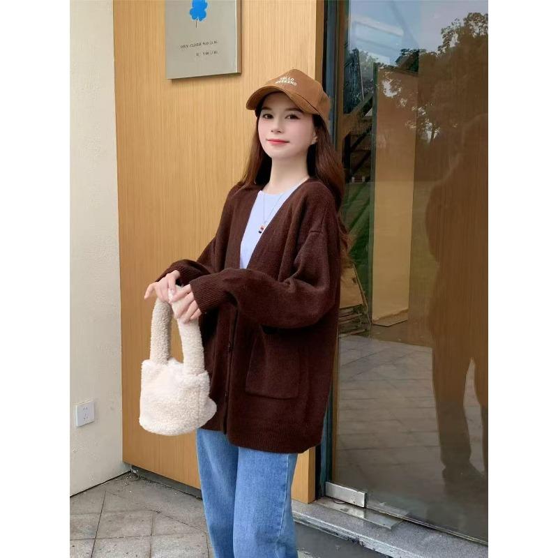 Lazy Wind Loose V-neck Knitted Cardigan Autumn and Winter Solid Color Versatile Cardigan Age-reducing Soft Sweater Jacket Women