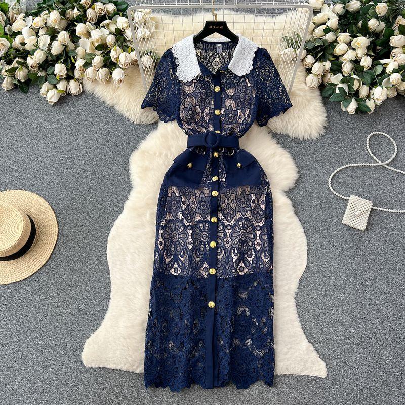 

Socialite Dress Summer Crochet Embroidery Chic Lace Dark blue S