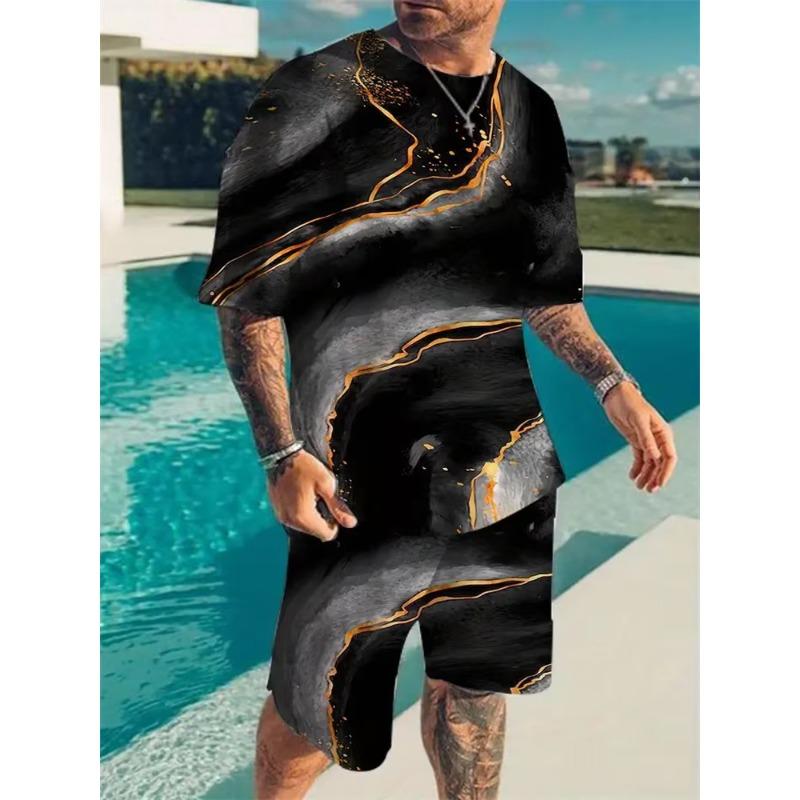 Vêtements de Sport d'Été T-shirt Short pour Homme Ensemble Deux Pièces Fine Texture 3D Impression Lâche Couleur Unie Manches Courtes Mode Ensembles pour Homme