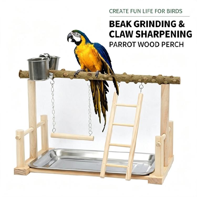 Wood Bird Play Stand Playgrounds Toy with Textured Branch Perch, Swing, Climbing Ladder and Metal Tray for Pet Bird Rest, Exercise Activity