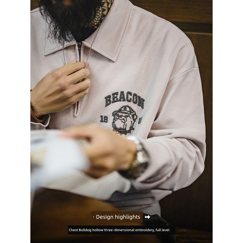 Madden Parka American Retro Three-Dimensional Embroider Half Zipper Sweatshirt Casual Polo Collar Pullover Polo Shirt Tops Men's Autumn