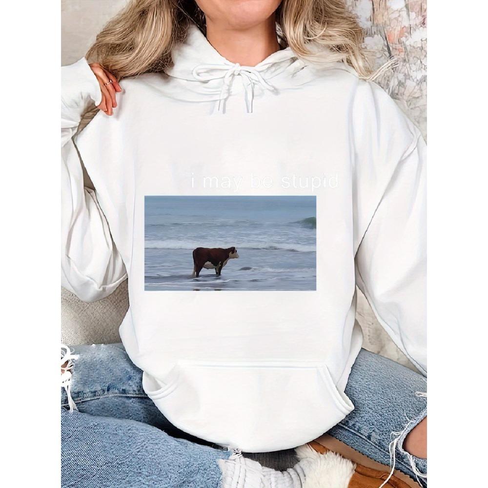 I May Be Silly Funny Cow Pattern Printed Women's Hoodie Autumn and Winter Long Sleeved Round Neck Top Clothing