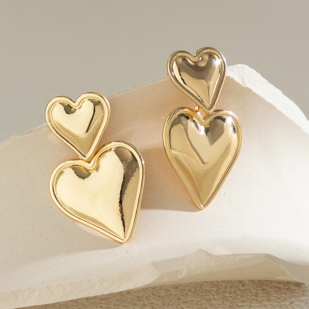 Punk Elegant Double Love Heart Drop Earrings for Women Gold Color Glossy Smooth Metal Hanging Piercing Earrings Friends Jewelry