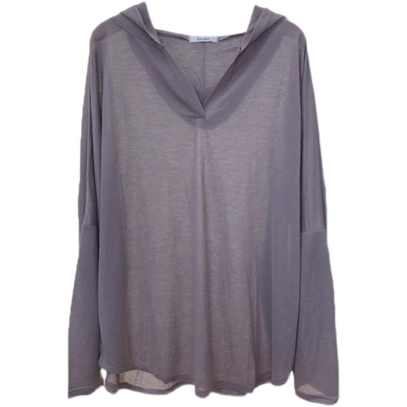 Large Size T-shirt Women's Long Sleeved Summer Ice Silk Thin Style Medium Long Style Hooded V-neck Mesh See Through Sunscreen Clothing