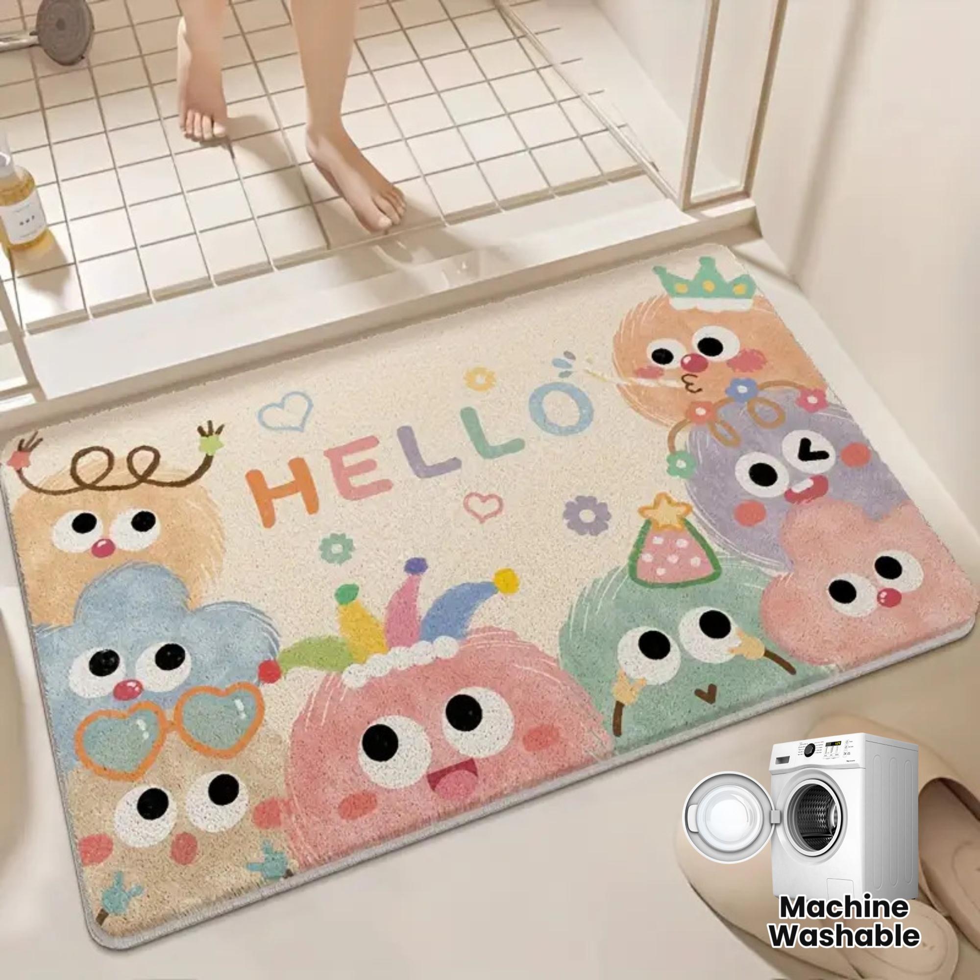 Pastel Character Print Doormat Beige Pink Blue Microfiber Hand Wash Only 80x50cm Decorative Use 40cm x 60cm